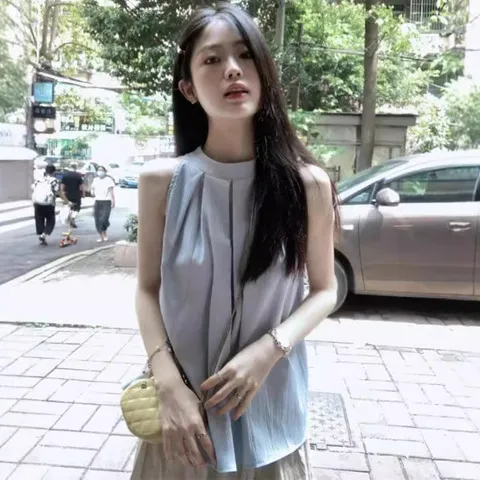 穿搭上衣衬衫辣妹欲纯设计感小众女士新款法式夏季无袖气质风挂脖