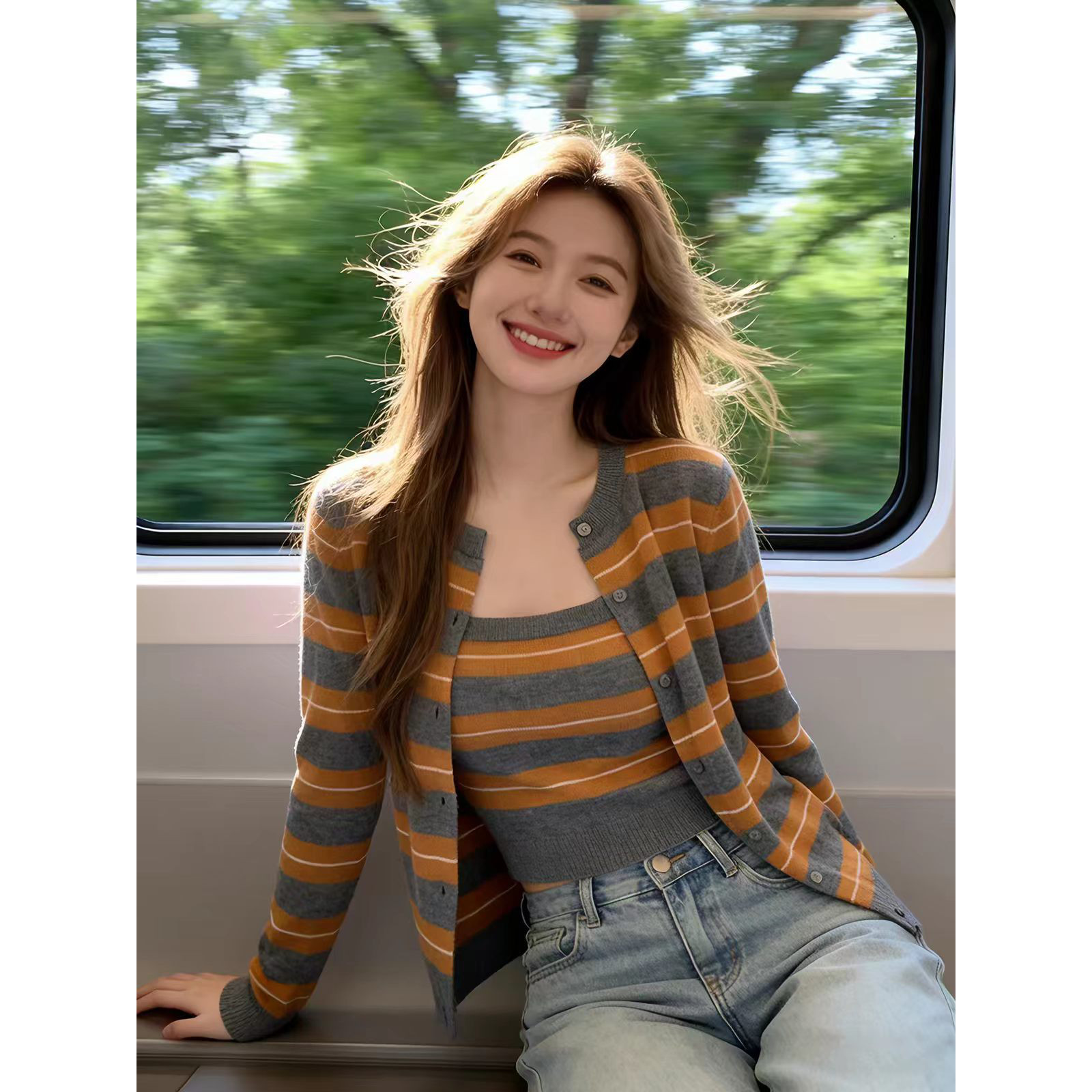 韩系橘色条纹叠穿针织开衫女早秋季设计感毛衣外套外搭两件式上衣