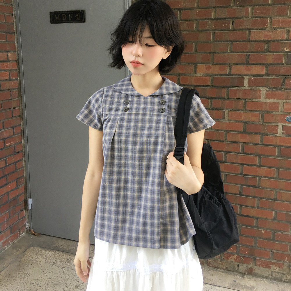 日系复古格纹娃娃领衬衫双排扣短袖上衣格子时尚防晒服骑行衣防晒