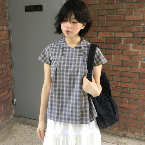 日系复古格纹娃娃领衬衫双排扣短袖上衣格子时尚防晒服骑行衣防晒