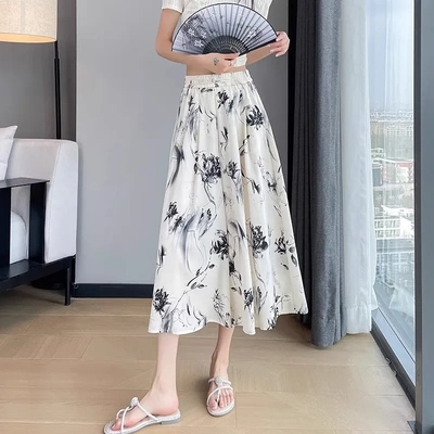 水墨画印花冰丝阔腿七分裤子女夏季薄款2024新款高腰宽松垂感裤裙