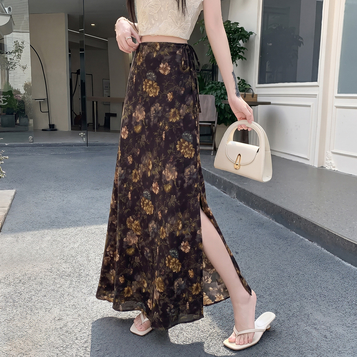 复古印花半身裙女2026夏季新款抽绳绑带显瘦百搭A字裙直筒裙高腰