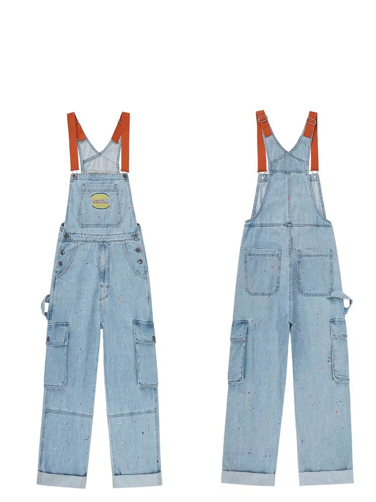AMERICAN RETRO INK-SPLASHED DENIM BIB WOMENS INSY BRAND EMBROIDERY LOOSE HIGH-WAISTED CARGO SUSPENDER JUMPSUIT