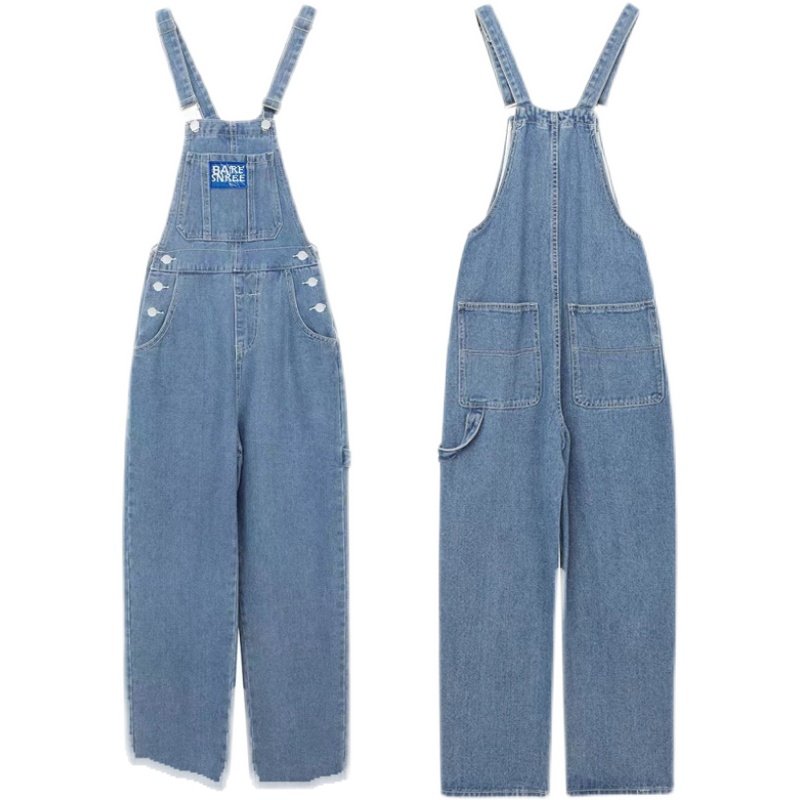 AMERICAN RETRO DENIM BIB WOMENS SUMMER HIGH-WAISTED SLIM DESIGN SENSE NICHE AGE-REDUCING LOOSE WIDE-LEGGED LONG PANTS