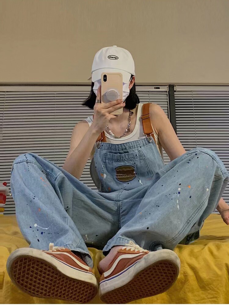 AMERICAN RETRO INK-SPLASHED DENIM BIB WOMENS INSY BRAND EMBROIDERY LOOSE HIGH-WAISTED CARGO SUSPENDER JUMPSUIT