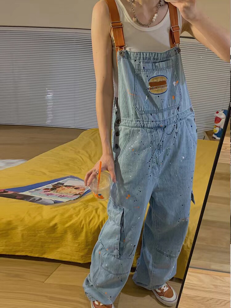 AMERICAN RETRO INK-SPLASHED DENIM BIB WOMENS INSY BRAND EMBROIDERY LOOSE HIGH-WAISTED CARGO SUSPENDER JUMPSUIT