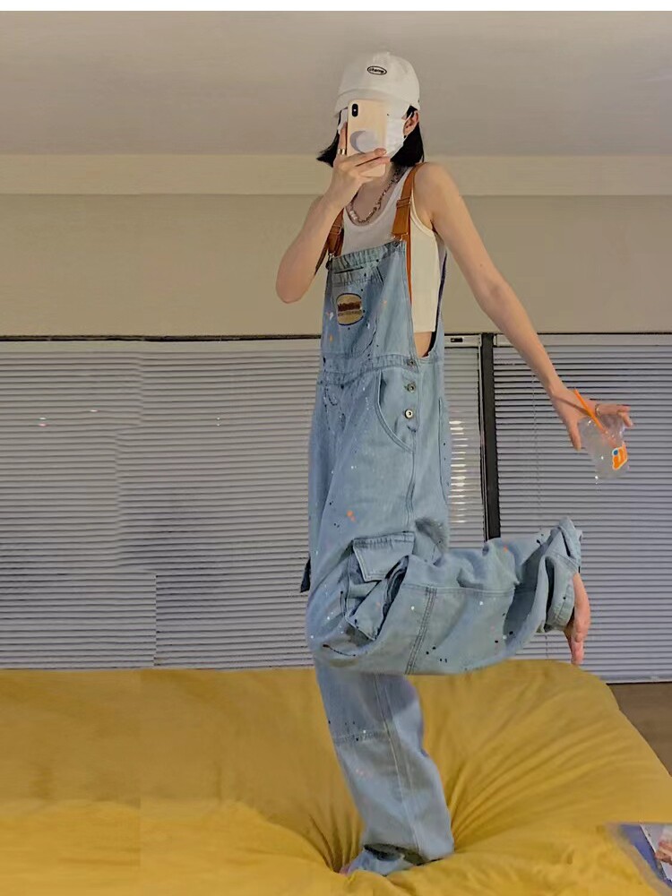 AMERICAN RETRO INK-SPLASHED DENIM BIB WOMENS INSY BRAND EMBROIDERY LOOSE HIGH-WAISTED CARGO SUSPENDER JUMPSUIT