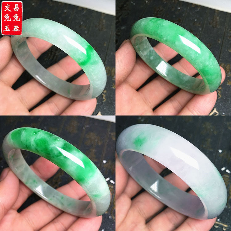 缅甸冰阳绿翡翠飘花玉手镯 白底阳绿飘花翡翠绿玉手环 果绿玉镯