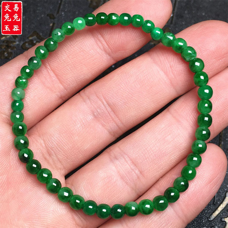 缅甸冰阳绿飘花翡翠圆珠玉手链 绿玉珠手链手串