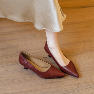 羊皮法式酒红色尖头细跟小跟3cm高跟鞋女春秋单鞋礼服宴会配裙子