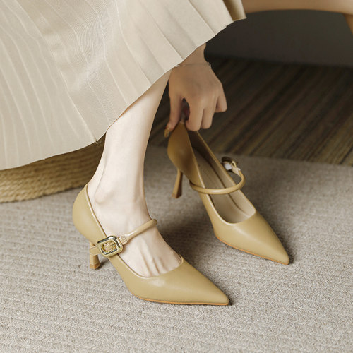 法式裸色一字带高跟鞋女春秋