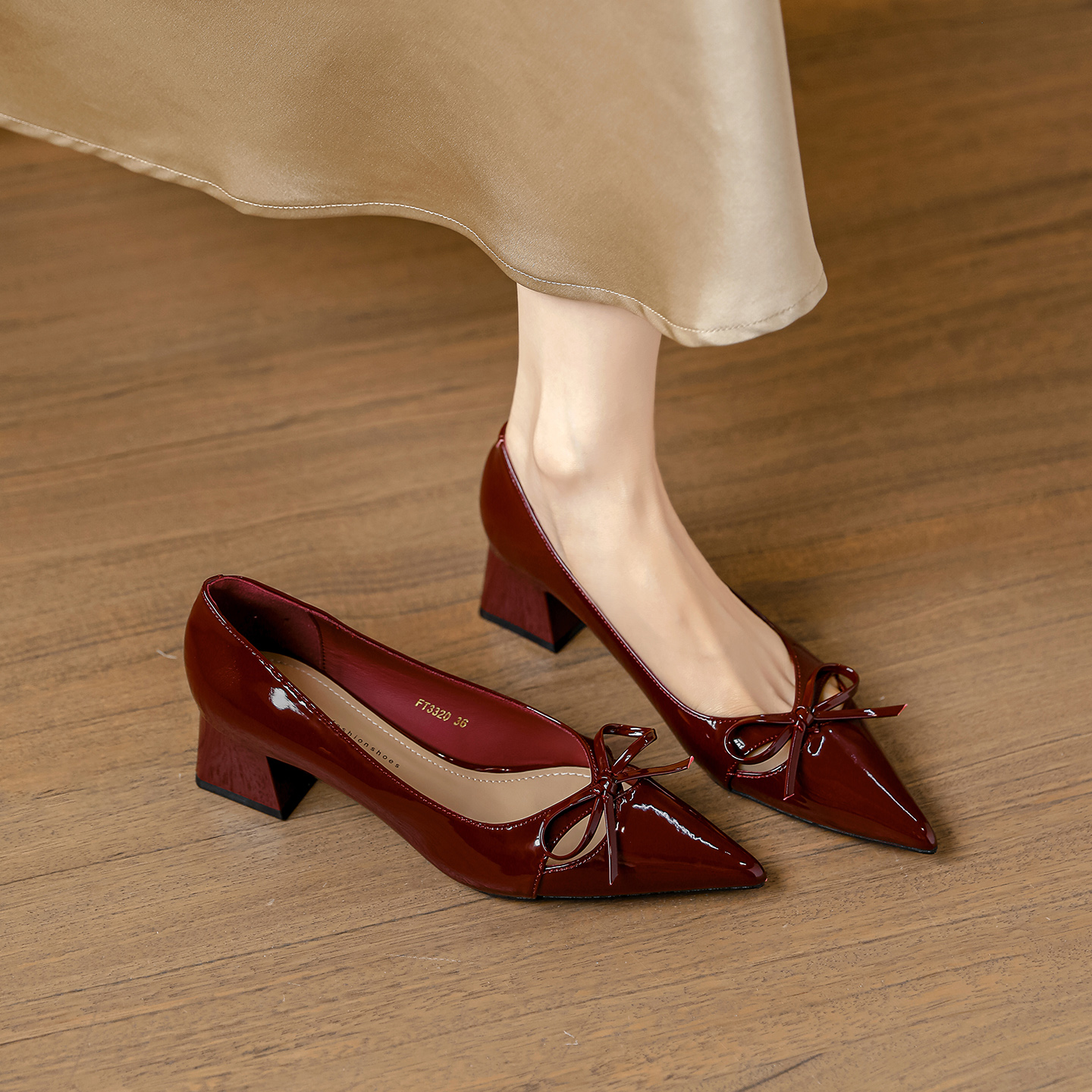 羊皮~法式酒红色蝴蝶结高跟鞋女