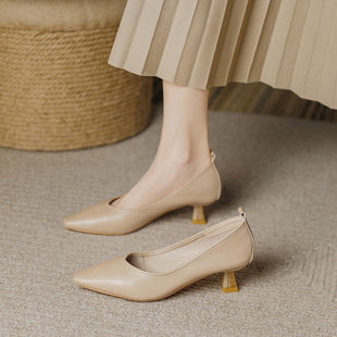 真皮法式裸色小跟方头细跟4厘米高跟鞋女春秋配裙子单鞋不累浅口