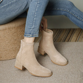 裸色粗跟短靴女切尔西绒面圆头配裙子2025秋冬新款 单靴加绒瘦瘦靴