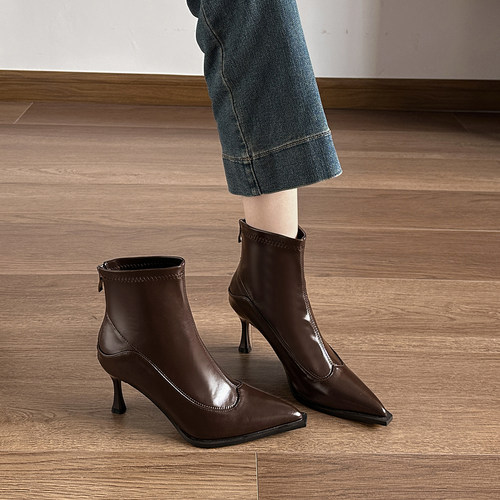 法式棕色高跟短靴女瘦瘦弹力靴