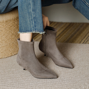 灰色细跟尖头小跟3cm短靴女秋冬高跟工作鞋加绒不累脚单靴瘦瘦靴