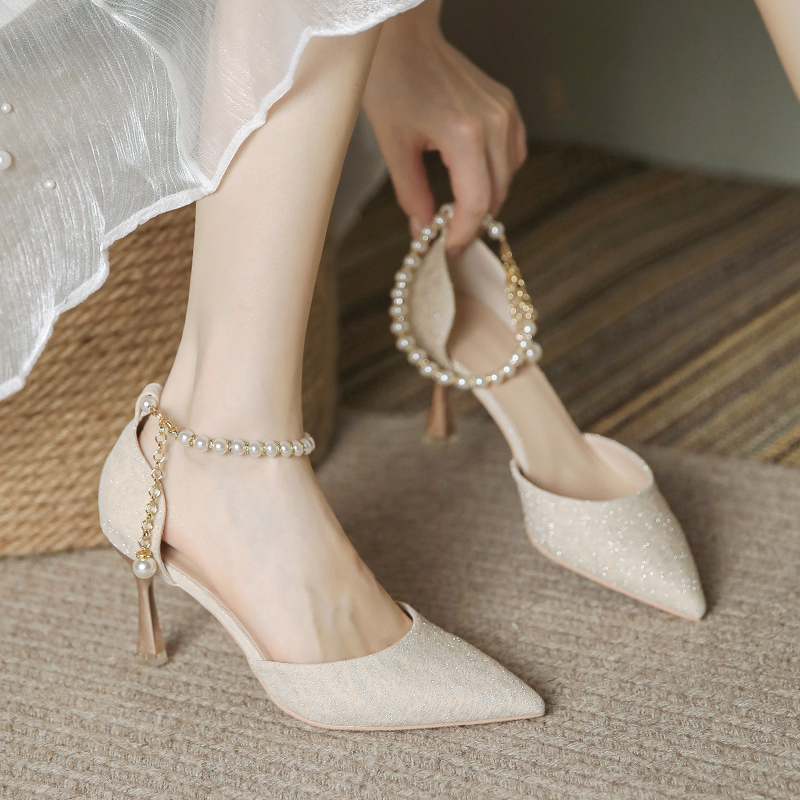 珍珠高跟凉鞋女一字带细跟