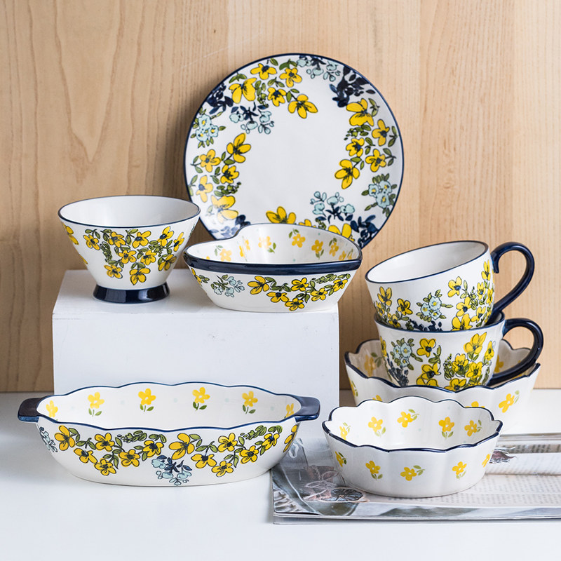 华孚手绘日式花繁陶瓷餐具套装家用双耳烤盘马克杯高脚碗陶瓷盘,餐饮具,盘,淘宝优惠券,粉丝福利购,淘宝优惠卷