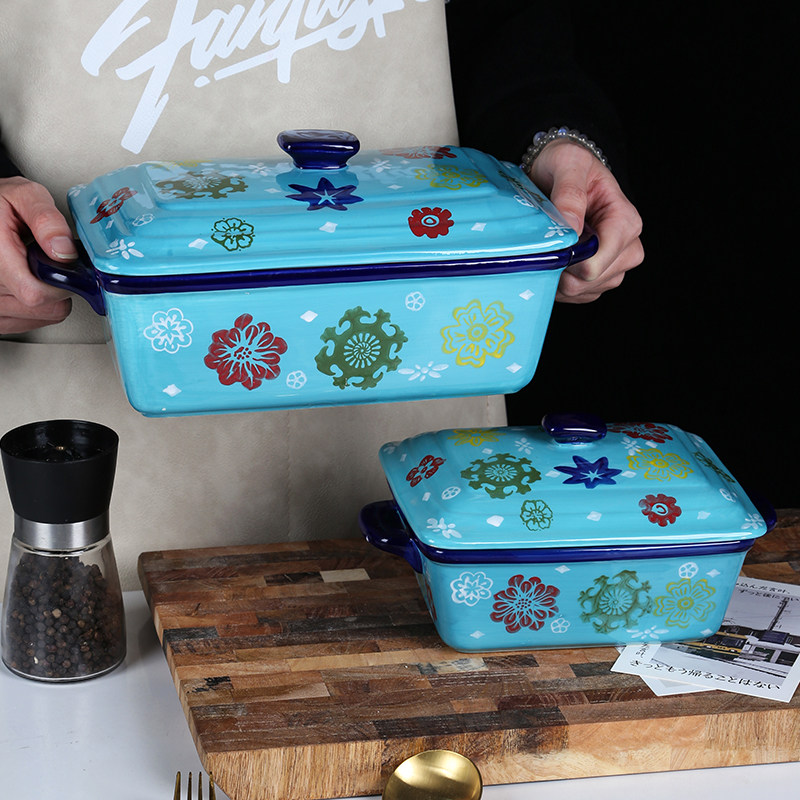 华孚家 出口原单烘焙烤盘带盖陶瓷长方形双耳防烫设计芝士焗饭盘,餐饮具,盘,淘宝优惠券,粉丝福利购,淘宝优惠卷