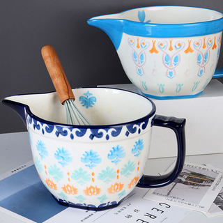 华孚创意陶瓷带把手沙拉碗餐具搅拌碗烘焙和面碗打蛋碗打蛋盆