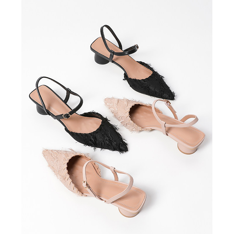 伊霏法式绝美鞋子包头流苏小跟鞋夏季女士低跟高跟鞋尖头罗马凉鞋