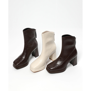 【跟高8CM】防水台厚底短靴粗跟棕色瘦瘦靴新款搭配阔腿裤高跟鞋