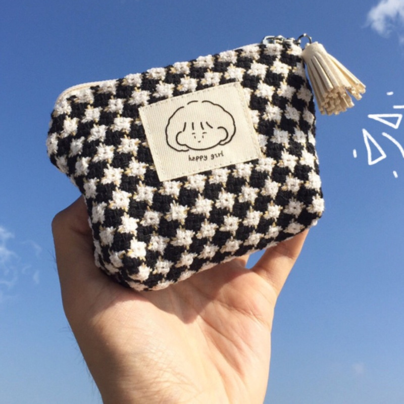 千鸟格女孩贴标帆布零钱包耳机包可爱少女心小众创意收纳包硬币包