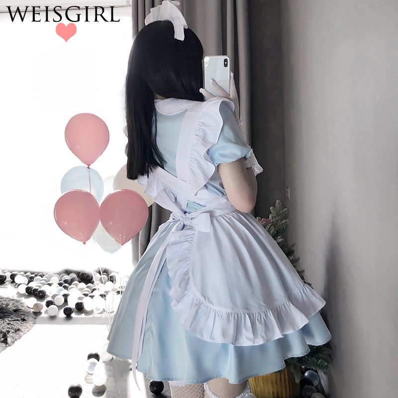 FRESH POWDER BLUE MAID UNIFORM SEDUCTIVE CUTE LITTLE FAIRY DRESS SUMMER COS MAID STUDENT SET