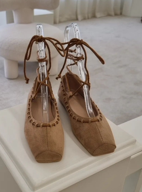 衣玲韩国女鞋时尚潮流交叉绑带杏色绒面低跟罗马风浅口方头单鞋女