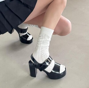 韩国欧美风性感风粗跟高跟凉鞋 女一字扣防水台黑色露趾仙女鞋