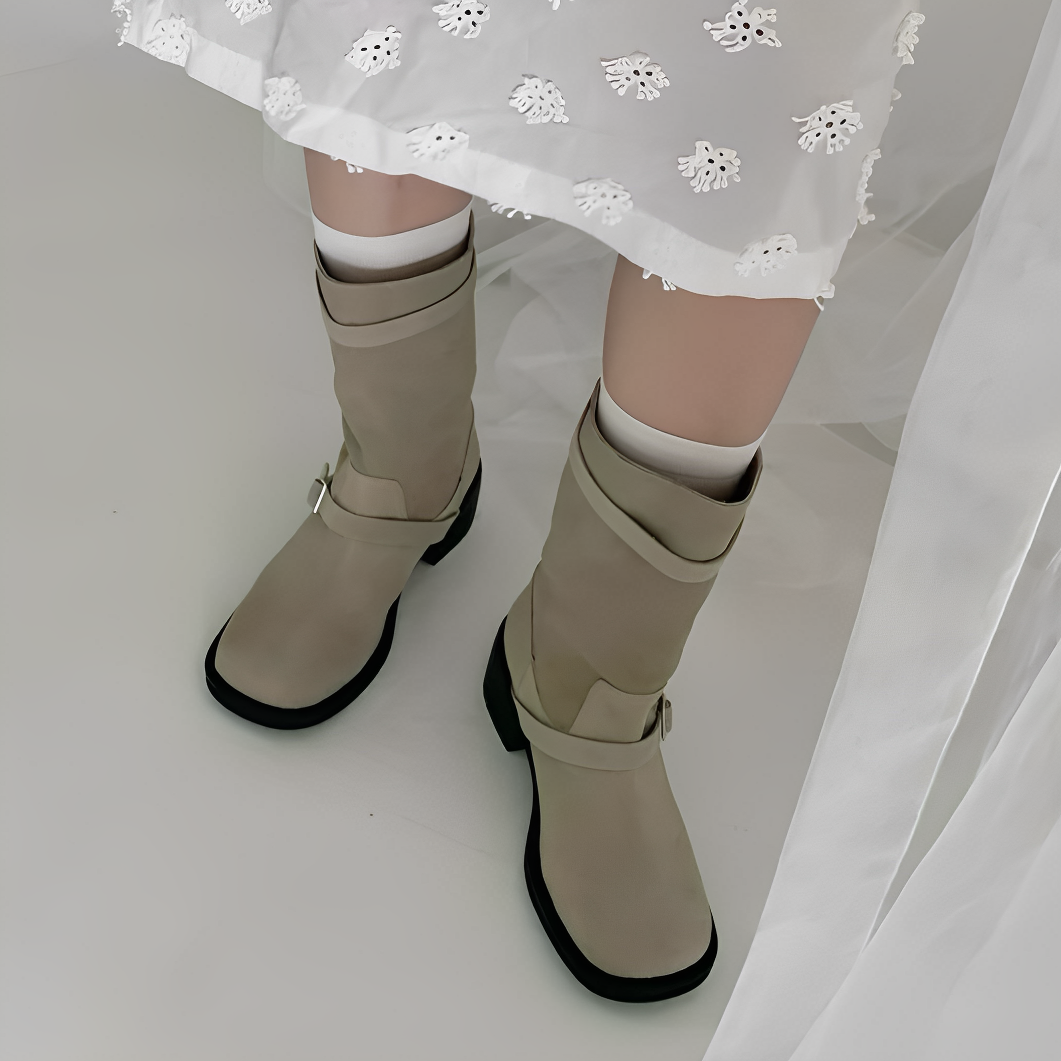 韩国女鞋翻毛牛皮真皮皮带扣套粗跟筒短筒骑士马丁靴女