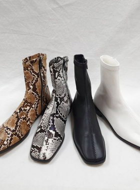 女鞋欧美时尚潮流弹力靴蛇皮纹方头马丁靴ins简约百搭短靴