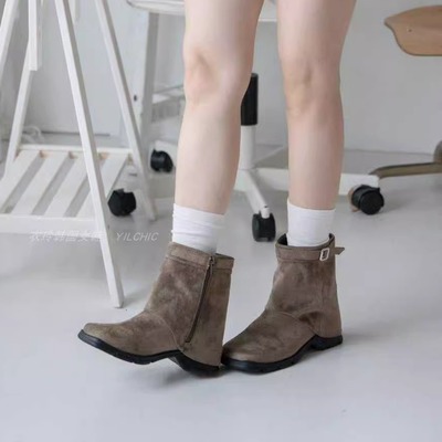 冬季麂皮绒堆堆短靴女低跟棕色