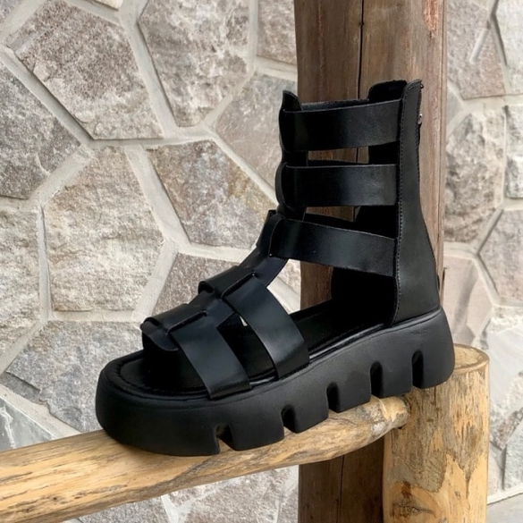 韩国东大门女鞋时髦皮带扣后拉链松糕厚底罗马凉鞋女