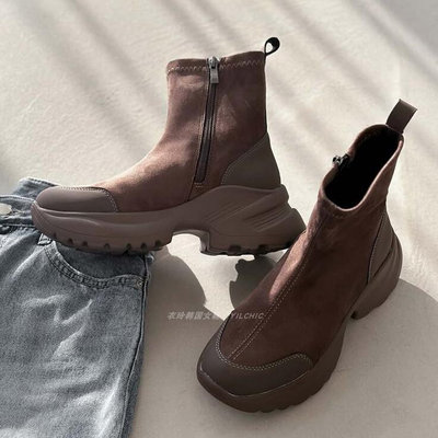 韩版厚底增高麂皮绒短靴女