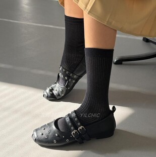 衣玲韩代法式铆钉玛丽珍鞋女平底方头双扣带设计感通勤小皮鞋