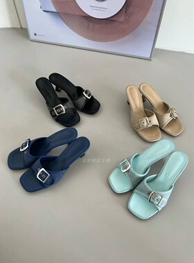 衣玲女鞋皮带扣一字带露趾凉拖鞋女气质轻熟风布面