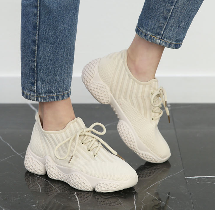 衣玲韩国女鞋欧美时尚潮针织弹力布休闲鞋运动鞋系带慢跑鞋老爹鞋