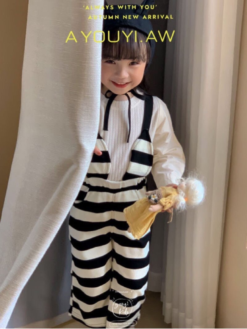 又伊｜兔耳朵黑白条纹套装100-120背带裤宝宝日韩透气女童春装
