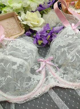 法国原单性感透明蕾丝蝴蝶结超薄不聚拢大码文胸有小码707580BCD