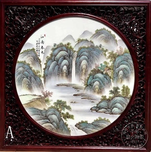 饰画 景德镇陶瓷瓷板画壁画中式 手绘粉彩山水风景画江南春色圆形装