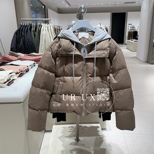 UR UX女装2024冬季新款时尚街潮拼接假两件宽松连帽保暖羽绒服ins