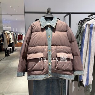 UR UX女装2024冬季新款法式气质时髦拼接假两件宽松保暖羽绒服ins