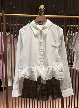 UR UX女装2024冬季新款时尚百搭都市气质荷叶边叠层开襟衬衫上衣