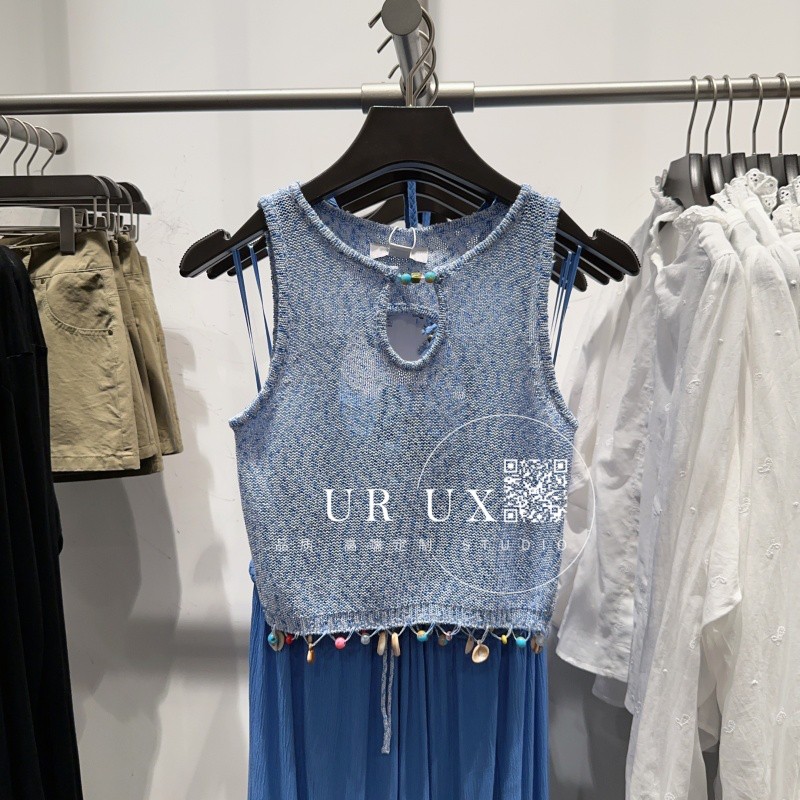UR UX2025夏季新款女装海滨度假立体装饰流苏针织BM辣妹背心ins