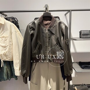 UR UX女装2024冬季新款时尚百搭复古美拉德廓形棕色皮质外套上衣