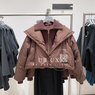 UR UX女装2024冬季新款时尚百搭拼接假两件设计感宽松短款羽绒服