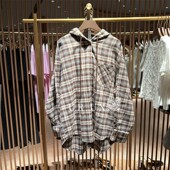 UX女装 2024冬新款 时尚 百搭学院风超宽松格纹连帽开襟衬衫 上衣