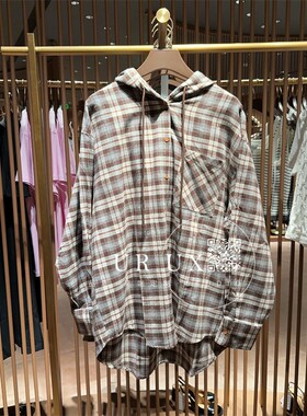 UR UX女装2024冬新款时尚百搭学院风超宽松格纹连帽开襟衬衫上衣