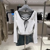 UX女装 百搭法式 2024秋季 新款 BM时尚 气质撞色U领系带长袖 T恤ins